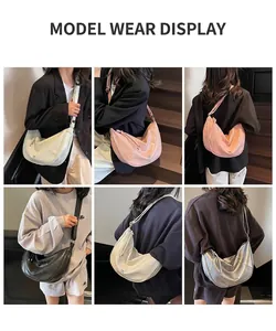 Präsentation von sechs stilvollen Hobo-Taschen aus weichem Leder in verschiedenen Farben am Modell