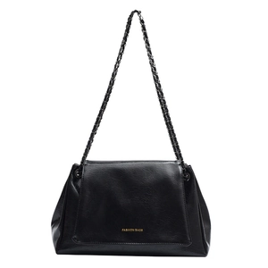 Large black tote bag in glossy faux leather with gold chain strap and fashion logo