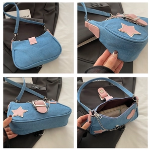 Dettagli della borsa a tracolla in denim con stella, fodera interna e catena metallica