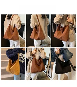 Detailed views of high-capacity vintage suede tote bags in brown, yellow, and black colors