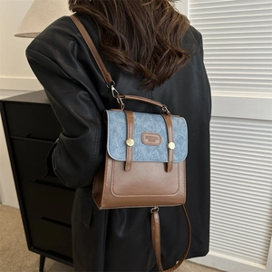 Vintage-Mini-Rucksack aus braunem Leder und hellblauem Denim im Patchwork-Design