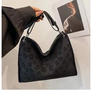 Sac à Main Femme Grande Capacité Jacquard Floral Mode Coréenne Navettage Sac à Épaule Sous le Bras Avec Fermeture Éclair Noir