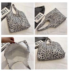 Detail shots of leopard print canvas tote bag showing interior pocket and spacious design