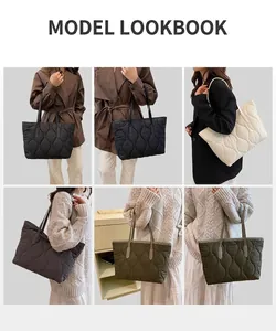 Vues multiples d'un grand sac cabas matelassé en noir, blanc, gris et vert pour femme