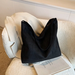 Minimalist large black suede tote bag for women, stylish autumn shoulder bag for work