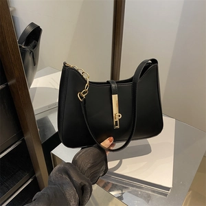 Women Minimalist PU Leather Underarm Bag With Gold Chain Strap And Metal Buckle Versatile Shoulder Bag For Daily Commuting