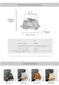 Detailed size chart and dimensions of the PU leather bucket backpack with 4 color options