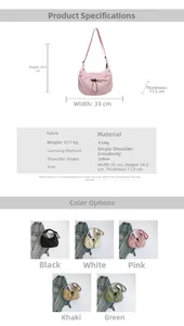 Detailed size chart and multi-color options for lightweight nylon pleated shoulder bag