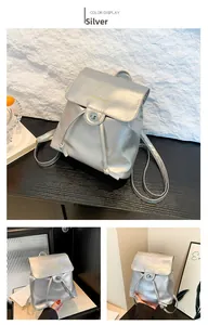 Detail of silver metallic mini backpack with drawstring closure and metal lock