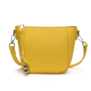 Chic yellow lychee leather bucket bag with chain strap and metallic bean pendant
