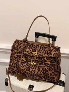 Women Leopard Print Crossbody Bag Large Capacity PU Leather Tote Handbag With Golden Lock Fashion Commute Satchel