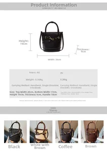 Détail des spécifications du sac seau vintage en similicuir noir marron et café
