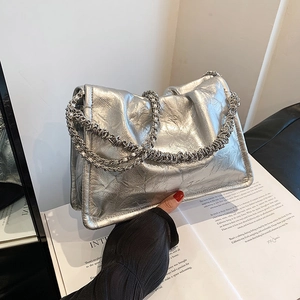 Pleated Cloud Shoulder Bag PU Leather Silver Chain Strap Underarm Handbag Fashion Casual Crossbody For Women