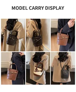 Sac seau rétro avec boucle en métal présenté en plusieurs couleurs sur un mannequin