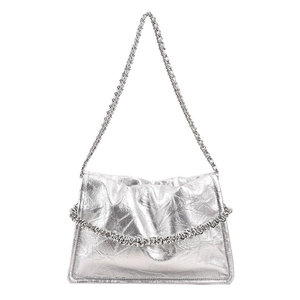 Silver metallic chain handbag with crackle texture for women minimalist style