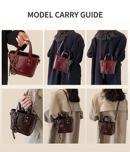 Multi-angle view of vintage dark red and brown bucket bags with woven knot charms