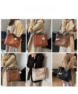 Checkerboard embossed tote bag showing multi-color styles and shoulder strap details