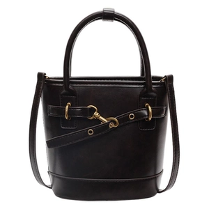 Sac seau rétro marron foncé avec boucles dorées et bandoulière réglable pour femme