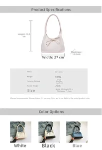 Detailed size specifications and color comparison of the bow bucket bag with PU fabric