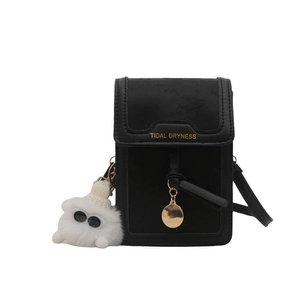 Mini borsa a tracolla in pelle nera con simpatico ciondolo a gattino e scritte dorate
