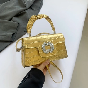 Metallic gold crocodile pattern mini handbag with sparkling rhinestone buckle for women