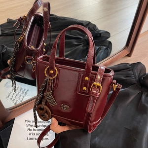 Women Glossy PU Leather Bucket Bag Retro Ankora Red Crossbody Shoulder Bag Small Tote Handbag With Charms For Daily Use
