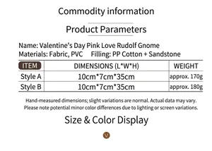 Detailed size chart for pink Rudolph plush toy with heart, showing dimensions and weight