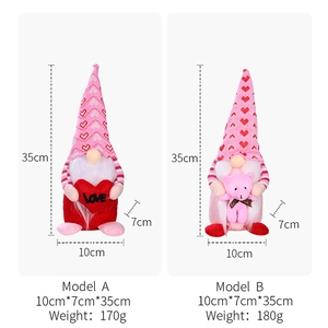 Detailed size chart for pink Valentine's Day gnomes with dimensions 35x10x7cm and weight
