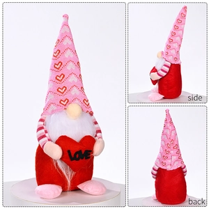 Front side and back views of a plush Valentine gnome holding a red LOVE heart
