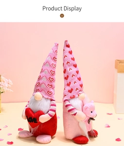 Detail of pink Valentine Gnomes plush toys holding hearts and teddy bears on pink background