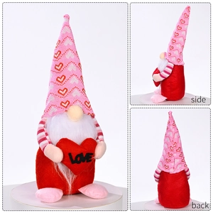 Pink Valentine's Day Gnome plush with white heart hat and red LOVE heart ornament