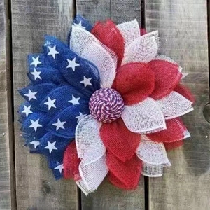 Detail of USA Independence Day burlap wreath showing red and white petal layers