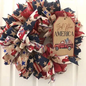 God Bless America patriotic door wreath with red white and blue ribbons and truck pattern
