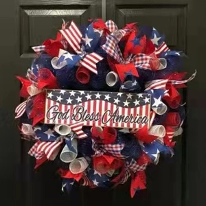 Patriotic God Bless America wreath with red white and blue ribbons for Independence Day