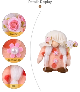 Detail showing plush gnome flower bouquet, decorative button, and white braided plait