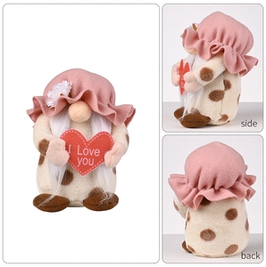 Detailed views of a pink gnome plush toy holding a red heart with I Love You text