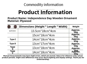 Size chart showing dimensions and weight for Independence Day wooden ornaments