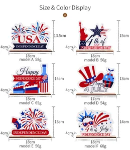 Size chart showing dimensions and weight for six American Independence Day wood ornaments