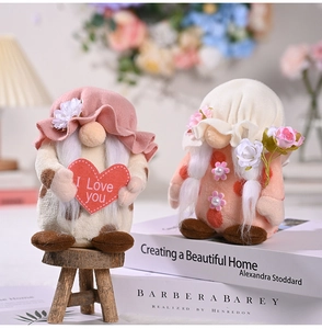 Detail of pink and beige Mother's Day faceless gnomes with I Love You heart and roses