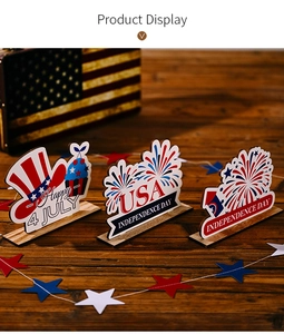 Independence Day wooden table decorations with USA letters and Uncle Sam hat on wood table