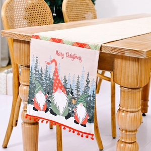 Weihnachten Tischläufer Wichtel Wald Muster Roter Pompon Leinenoptik Polyester Festliche Esszimmer Deko Holiday Tischdecke
