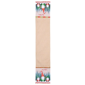 Weihnachts-Tischläufer mit Zwergenprint, Sackleinen-Textur und roten Quasten