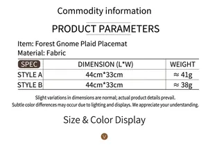 Specifications table for forest gnome plaid placemats showing sizes and fabric details