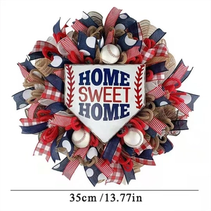 35cm patriotic baseball wreath with Home Sweet Home sign and red white blue ribbons