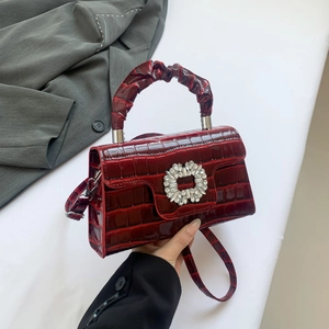 Burgundy faux crocodile leather square handbag with crystal buckle and ruched handle