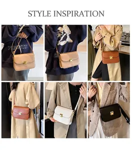 Collage of chic crossbody square bags shown in beige, tan, cream, and black colors