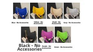 Detail view of V-quilted faux leather hobo bags in blue yellow grey and black tones