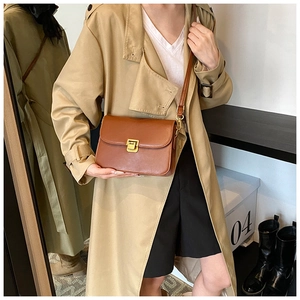 Detailed view of a brown leather vintage square bag featuring a gold metal lock closure