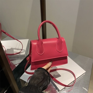 Rose pink PU leather small square crossbody bag with top handle and adjustable strap