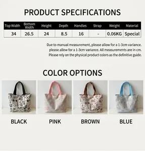 Detailed size chart and dimensions for the stylish canvas tote bag with graffiti pattern
